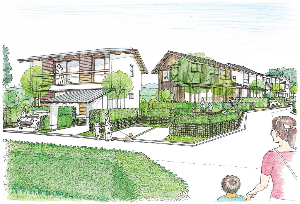 ヴァンガード・ハウス完成予想図。左が松澤穣設計、右が堀部安嗣設計による。